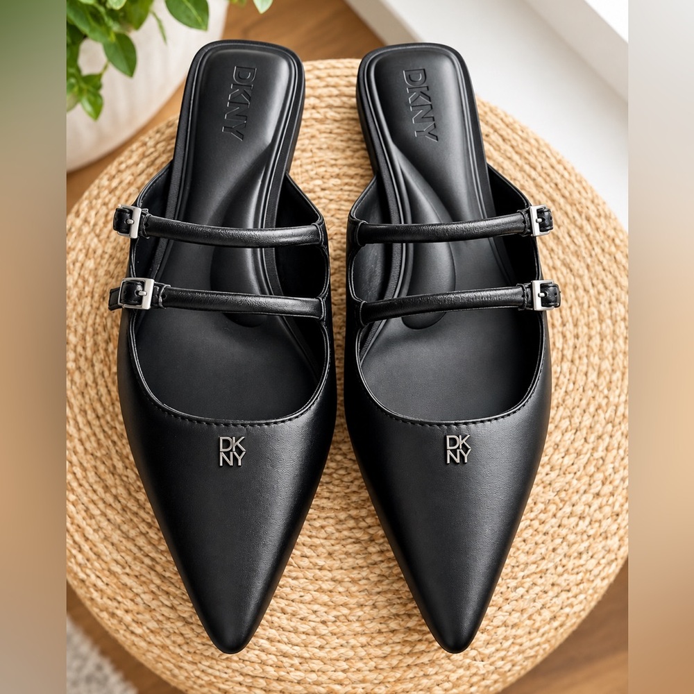 DKNY Black Pointed-Toe Double-Strap Mules-Sz 6-New